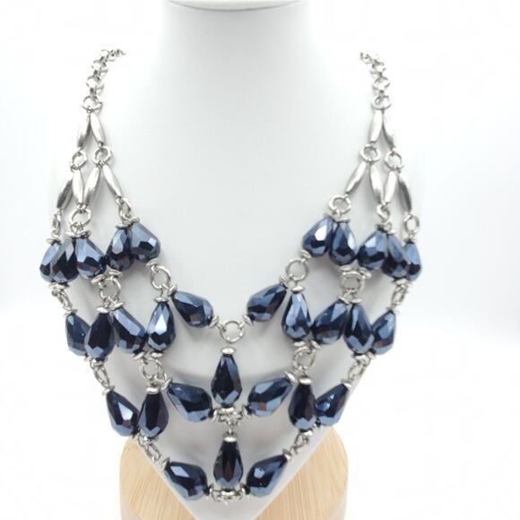 Charming Charlie Bib Necklace Silver Tone Midnight Blue Beaded Collar Statement - Picture 1 of 5